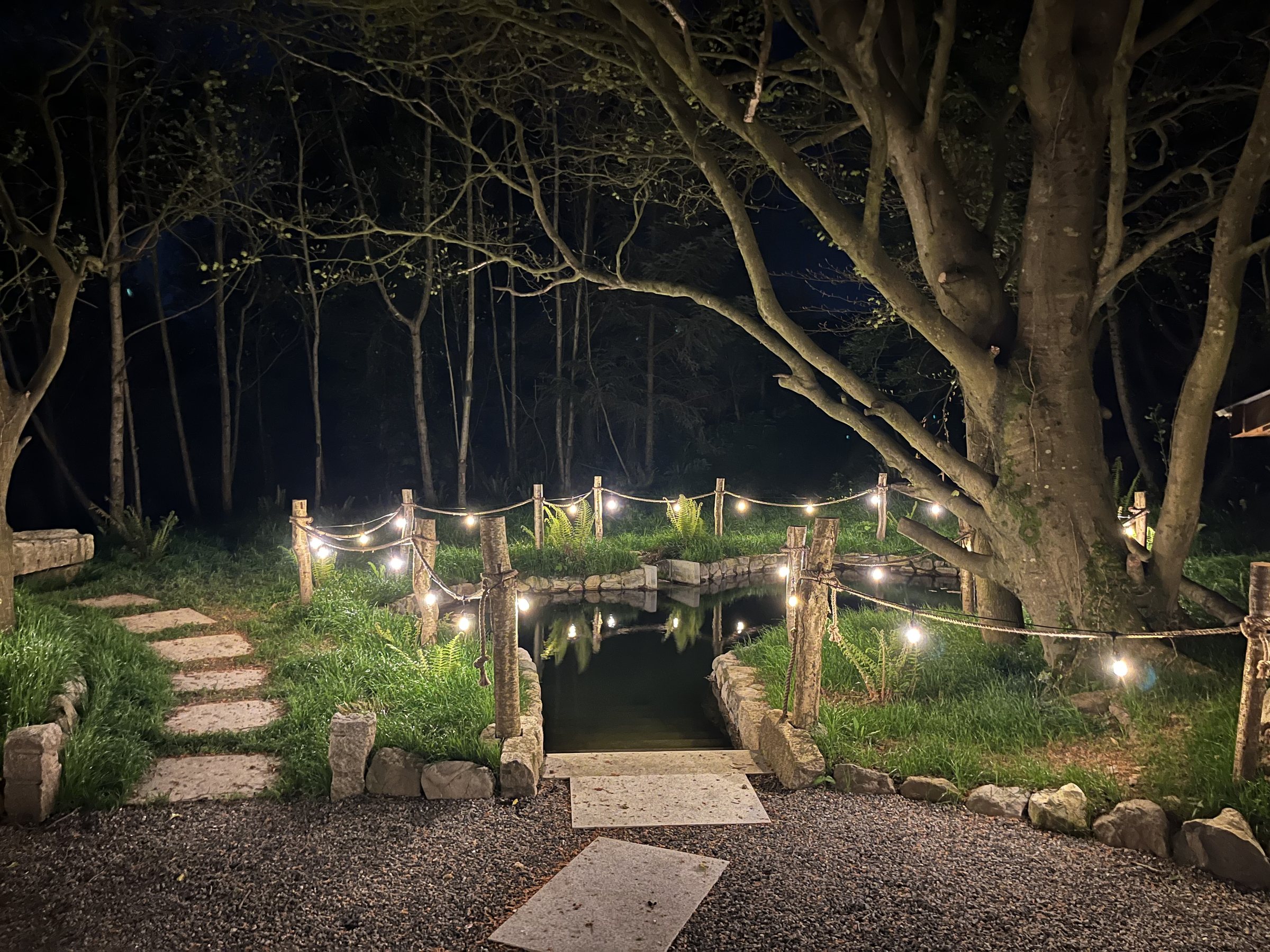 The spring-fed plunge lit by string lights at night, framed by trees and stone steps