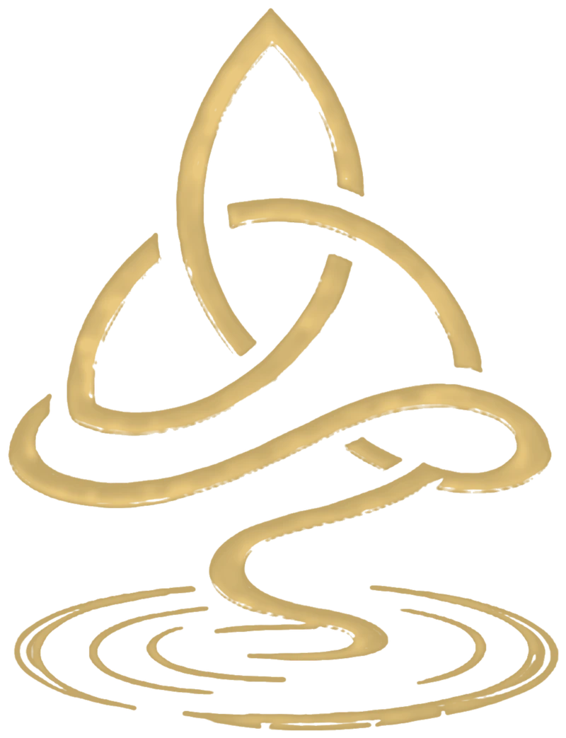 The An Sruth&aacute;n triquetra: three interlaced forms above a winding stream and its ripples
