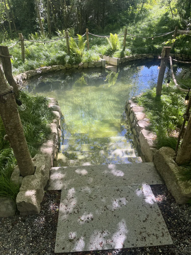 The spring-fed plunge pool, granite steps leading down into clear water