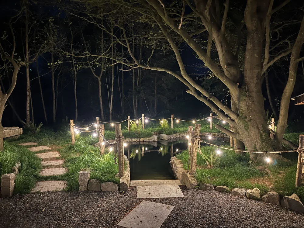 The plunge pool at night, string lights reflected in the still water